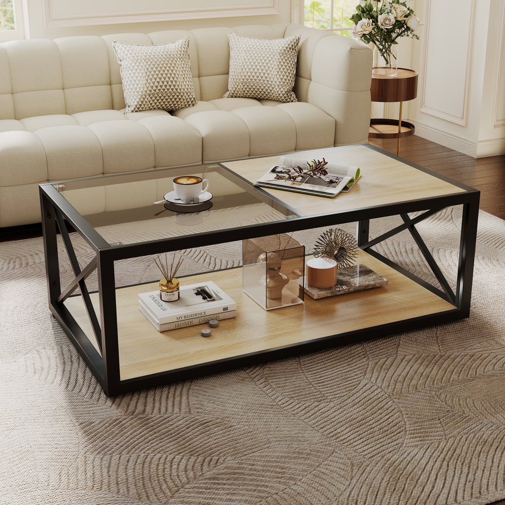 Natural Wood and Glass Coffee Table