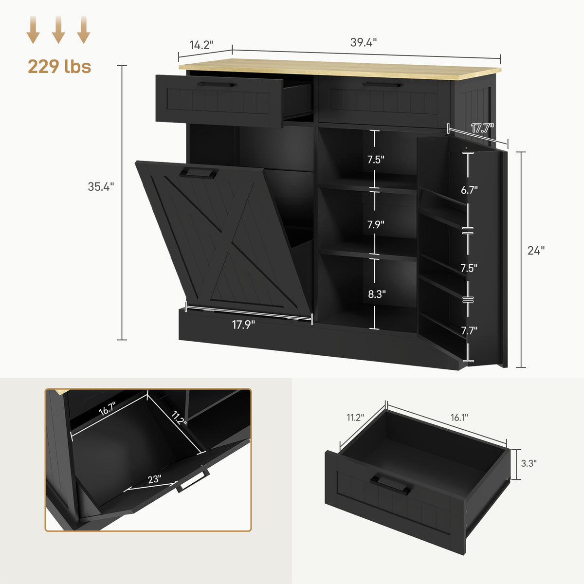 10 Gallon Farmhouse Kitchen Cabinet with Hidden Trash Can and 2 Drawers Tilt - Image 4