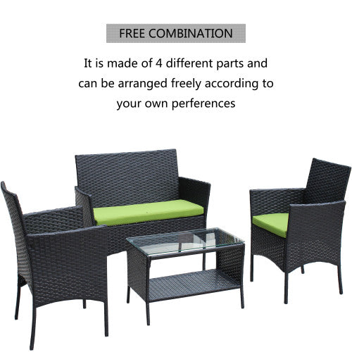 4-Piece Rattan Patio Furniture Set with Green Cushions