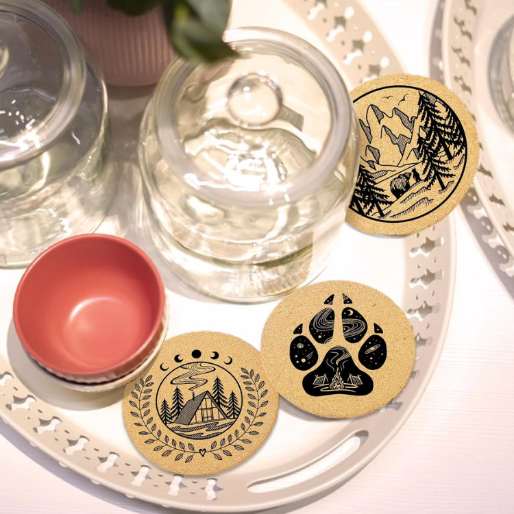 6 Piece Mountain Cork Coaster Set With Holder Inch Round Absorbent Drink - Image 2