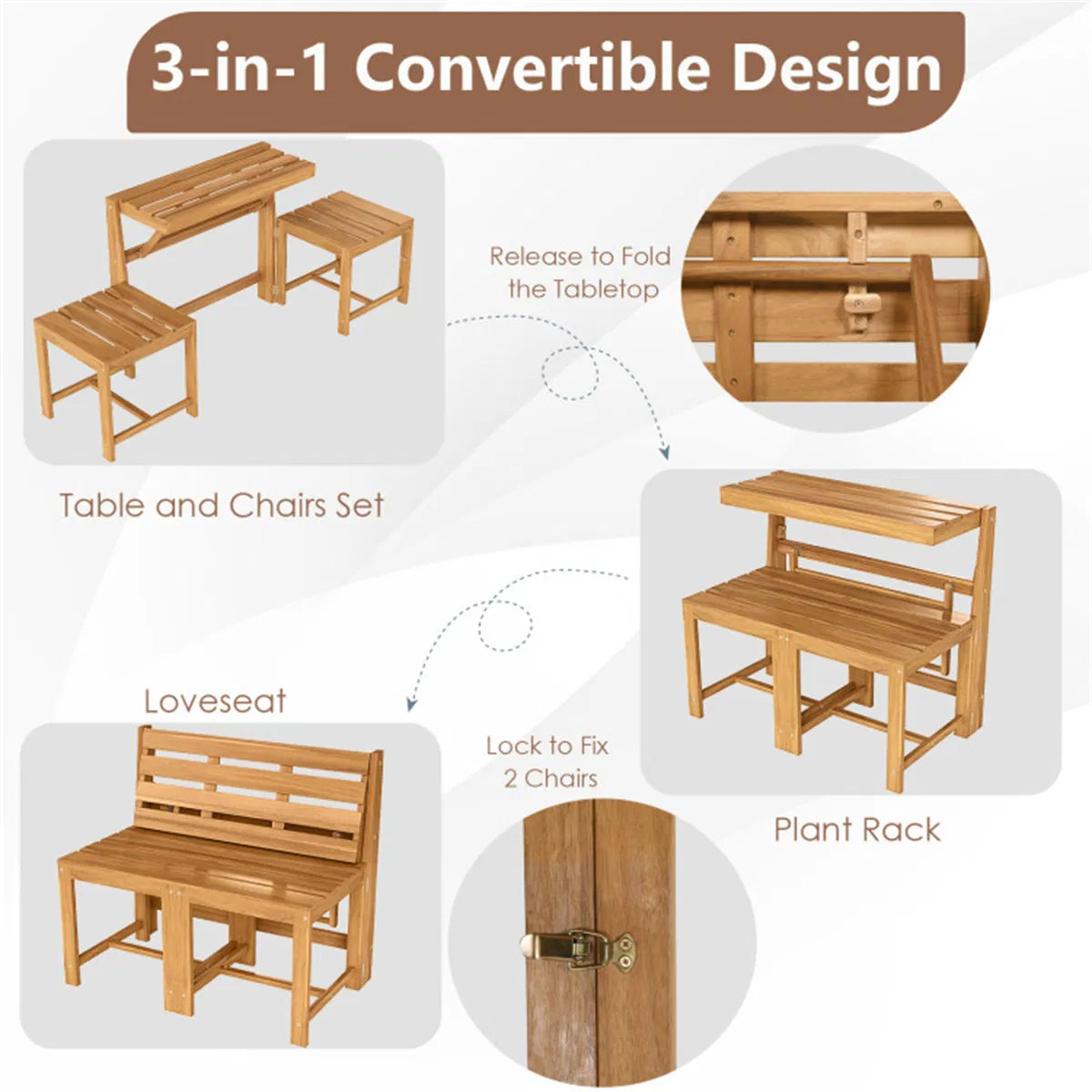 In Convertible Outdoor Acacia Wood Furniture Natural Loveseat Table Chairs