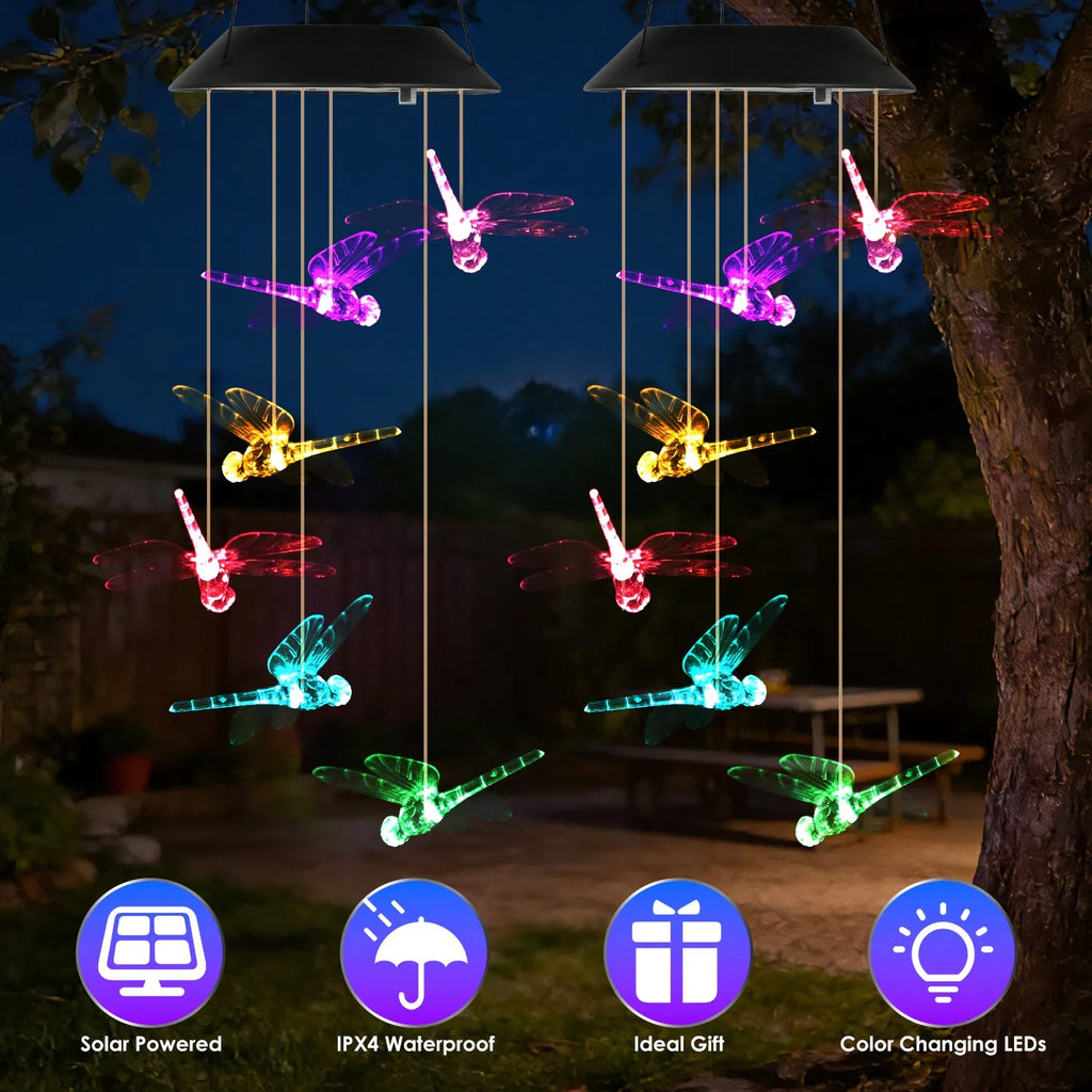 2PCS Outdoor Solar Wind Chimes Solar Dragonfly Wind Chimes Color Changing LED