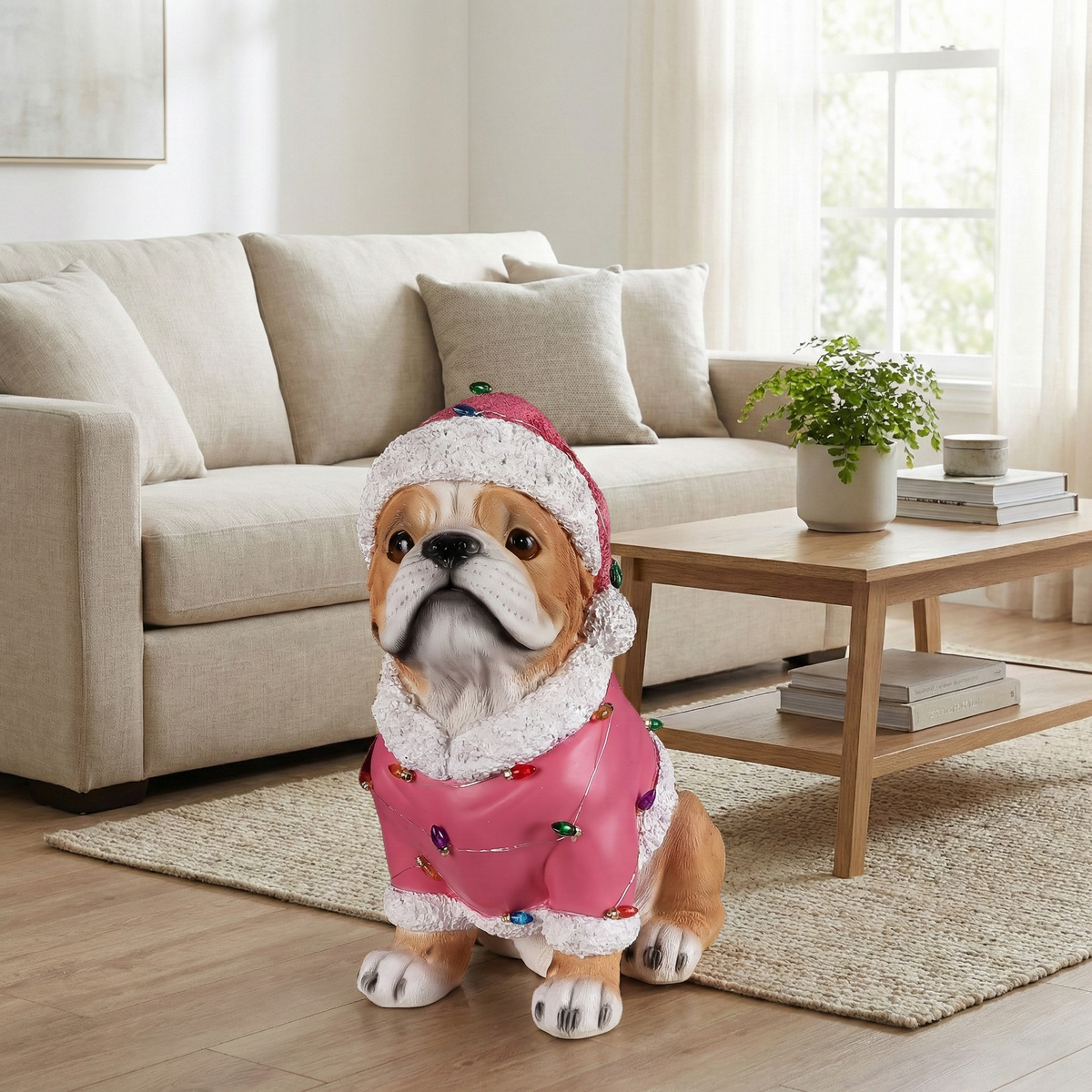 Christmas Pug Statue Holiday Dog Figurine in Pink Santa Outfit - Image 5
