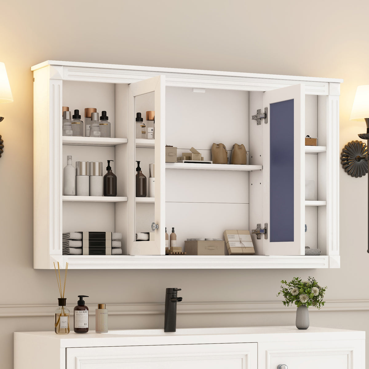 47-Inch White Bathroom Mirror Cabinet