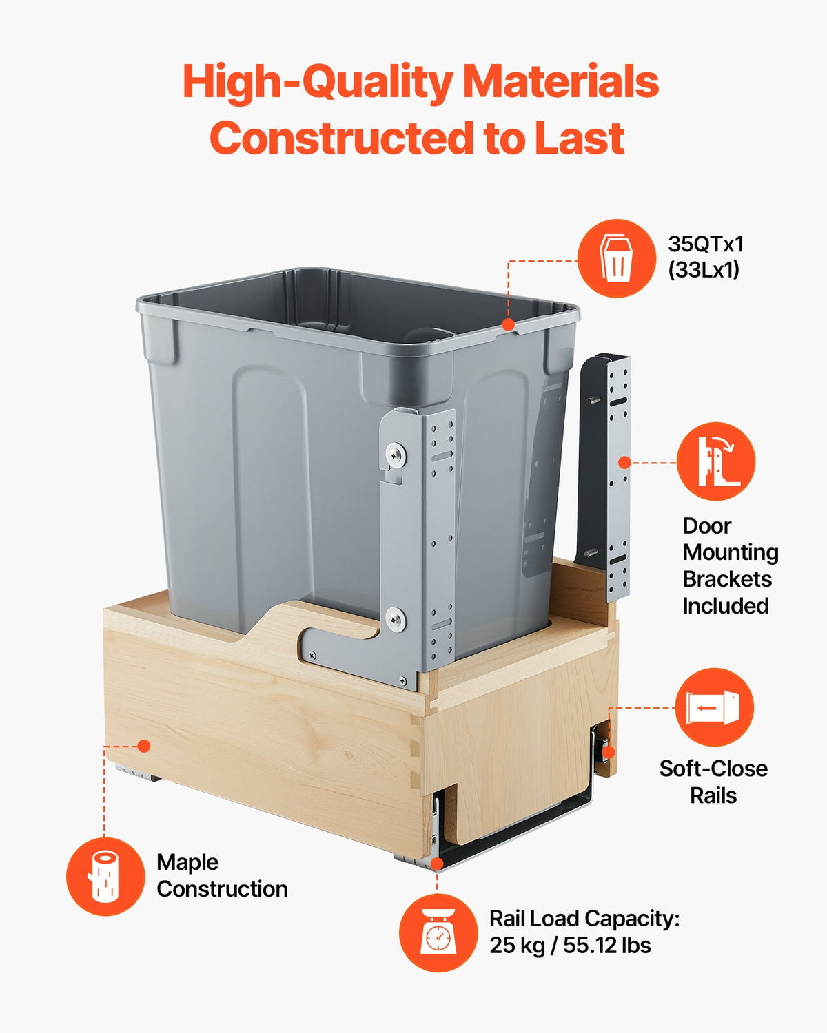 35QT Pullout Waste Container Under Cabinet Kitchen Bin Trash Can Soft Close - Image 2
