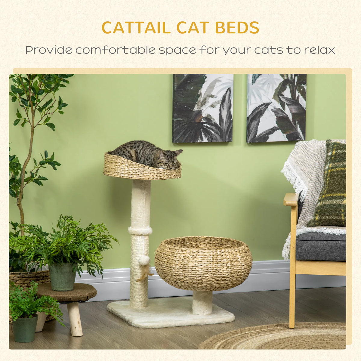 28" Cat Tree with Scratching Post Cat Tower with Double Beds Beige - Image 3