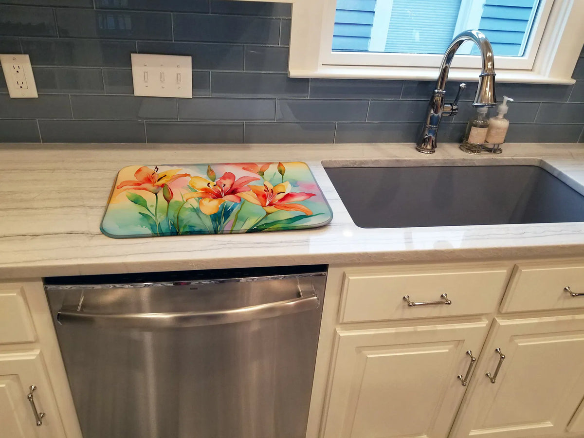 Lilies in Watercolor Dish Drying Mat Absorbent Dish Drying Mat Pad for Kitchen