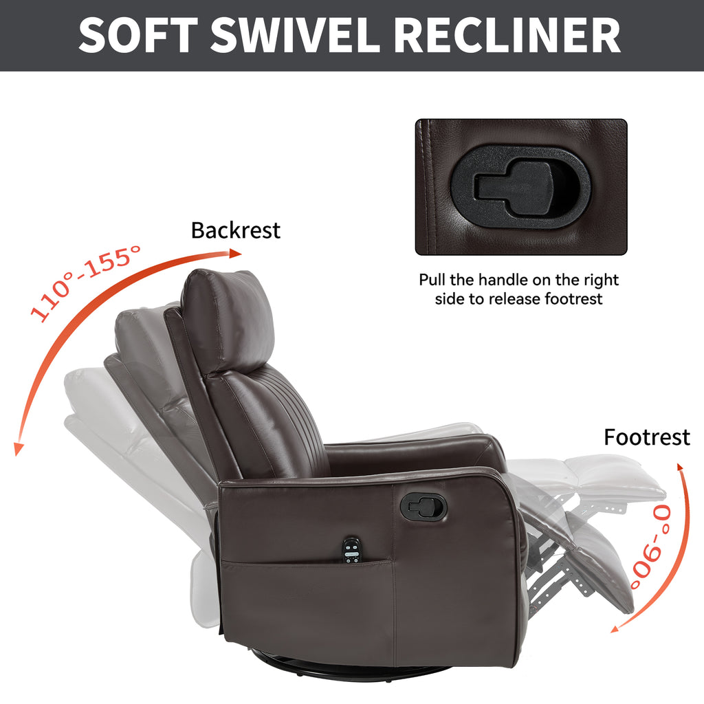Brown Faux Leather Heat Massage Manual Recliner Chair with Rocker and Swivel