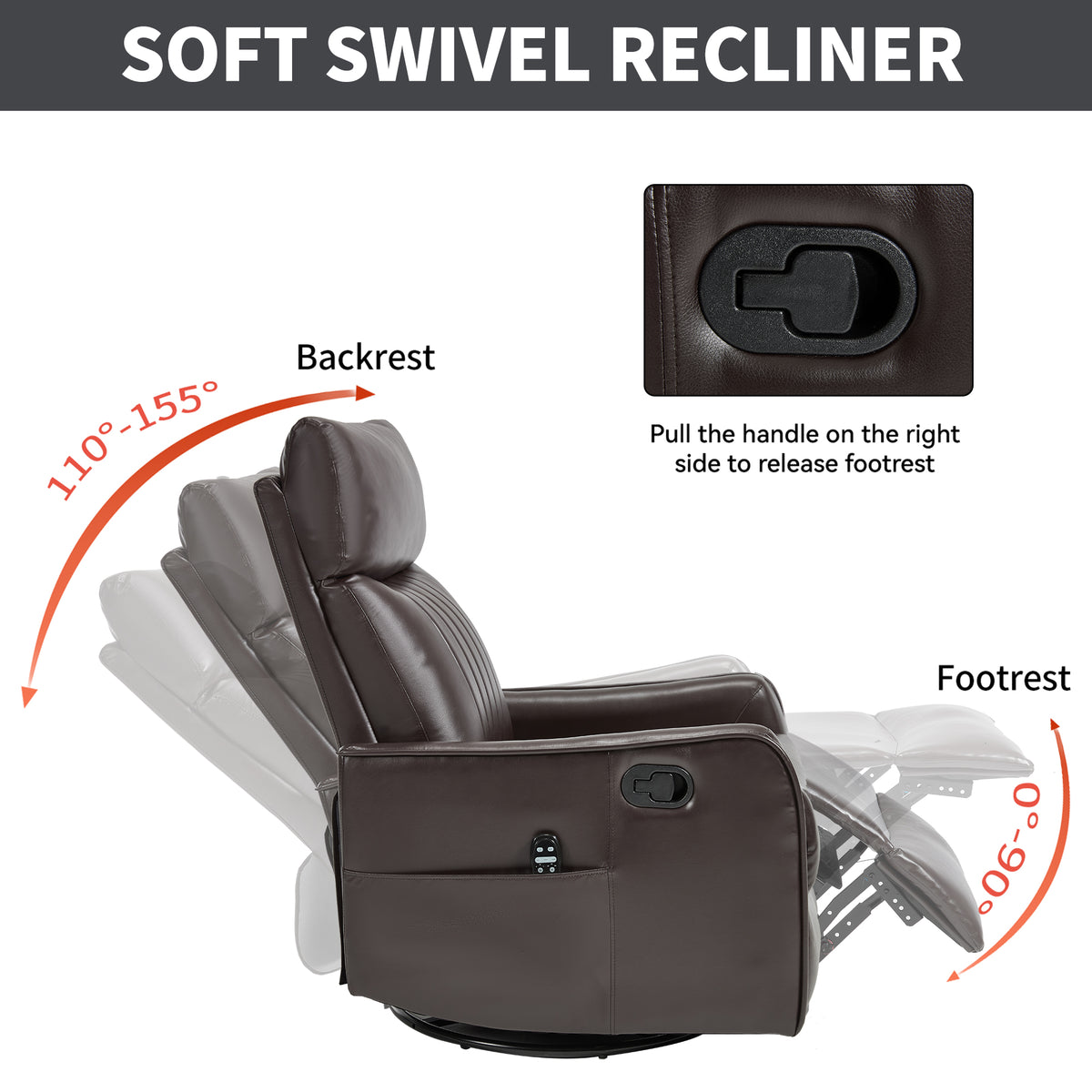 Brown Faux Leather Heat Massage Manual Recliner Chair with Rocker and Swivel