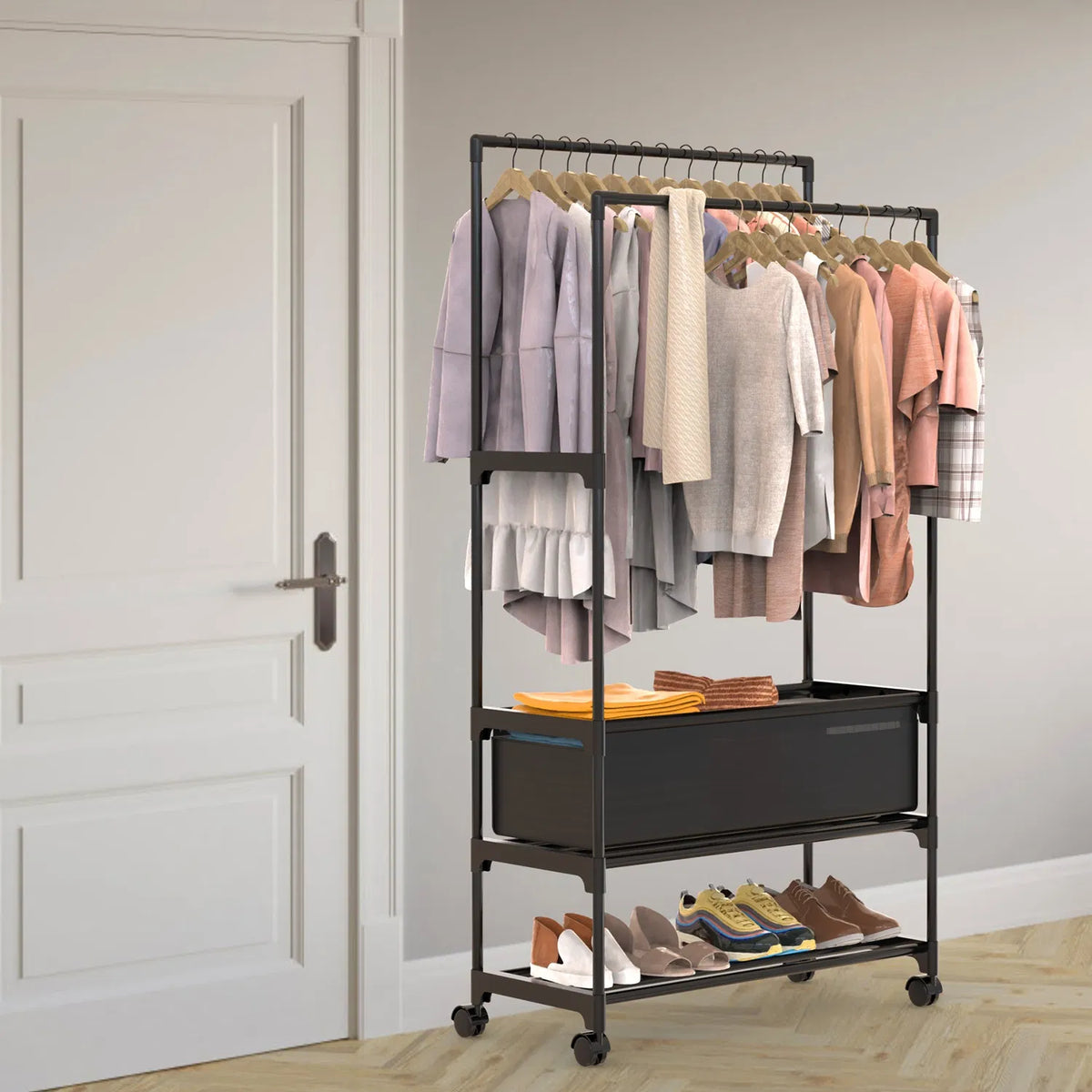 1Pc Double Rods Garment Rack with Storage Bag Portable Clothing Rack with - Image 4