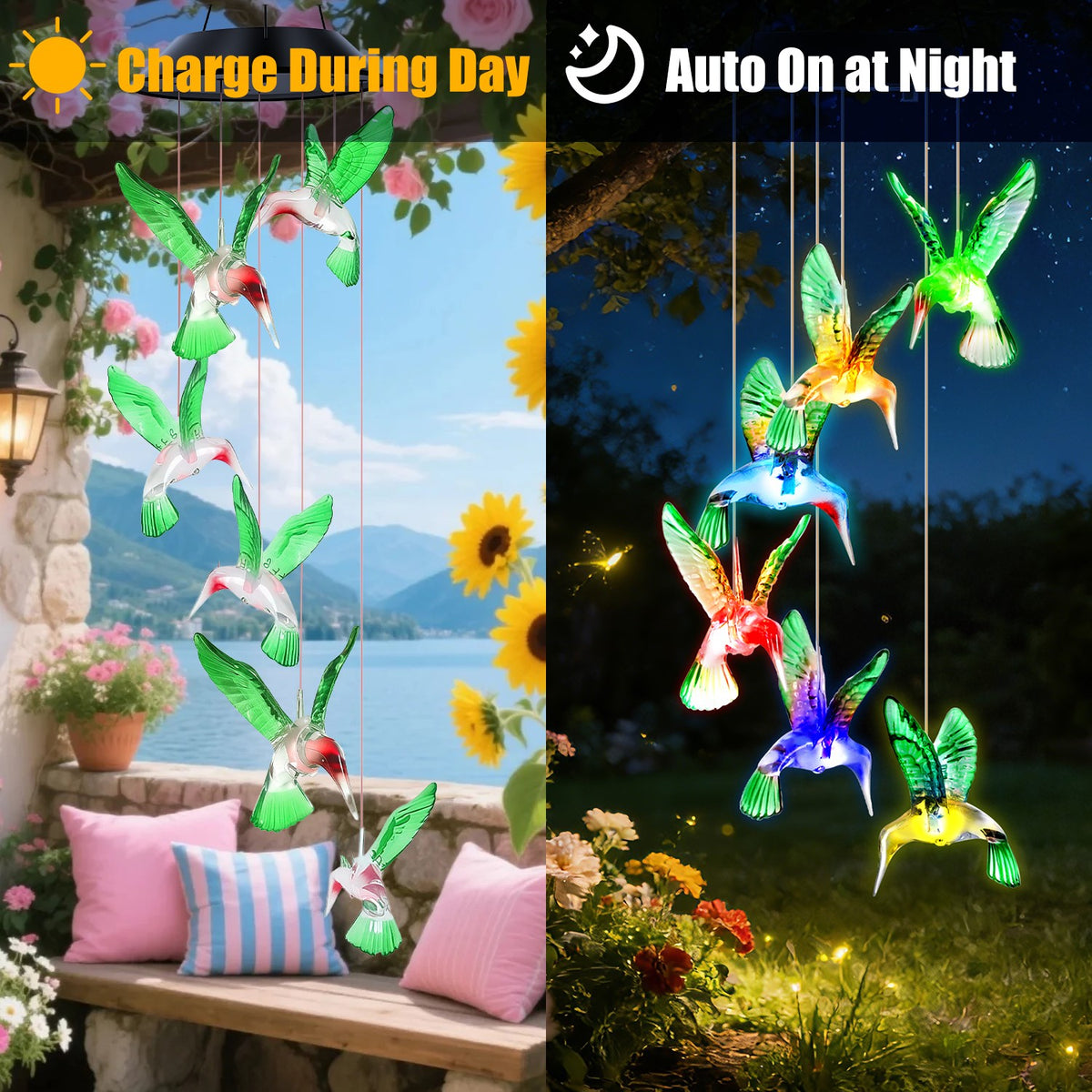 2Pcs Solar Hummingbird Wind Chime 7 Color Changing Wind Chime For Outside IPX4 - Image 5