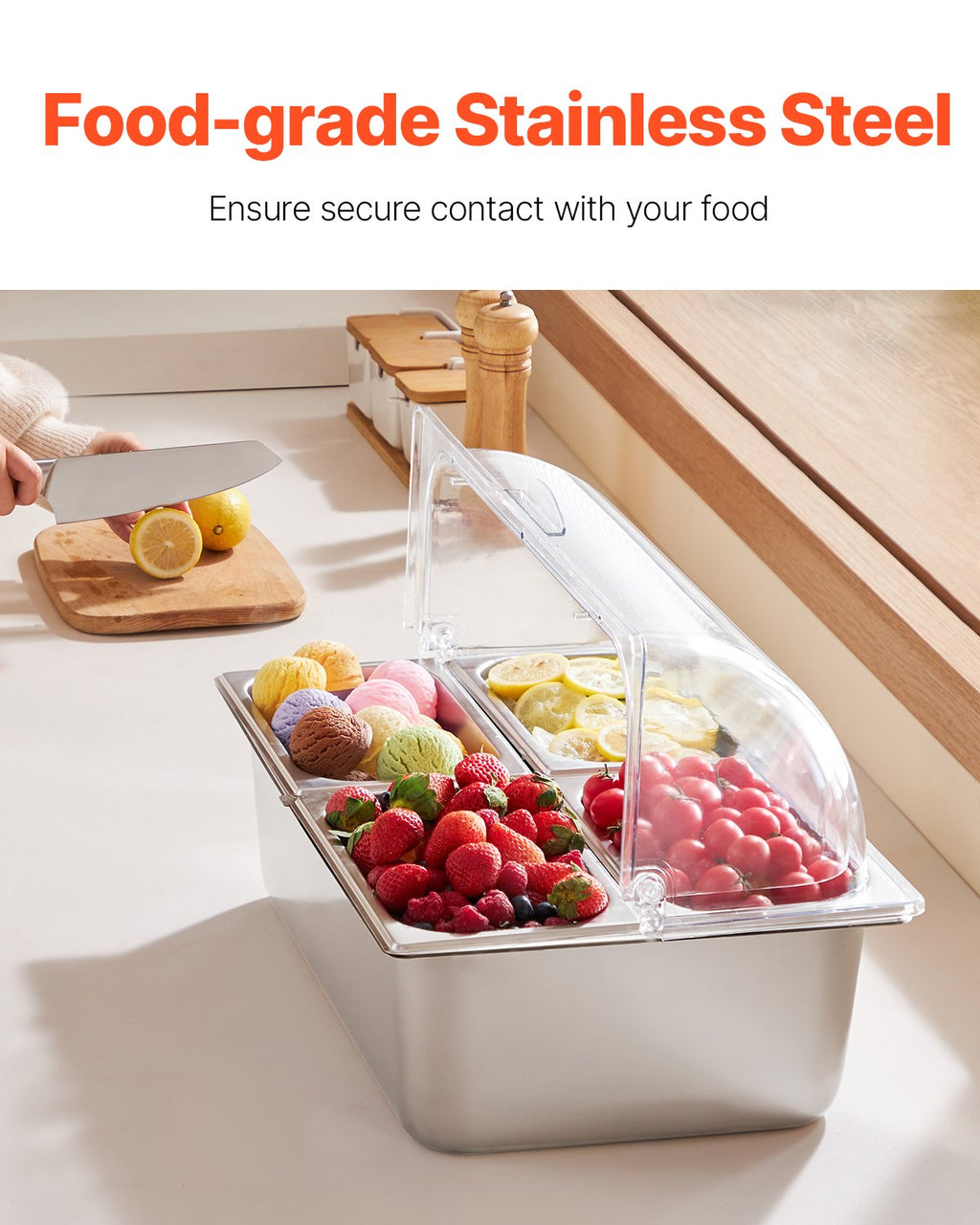 Countertop Food Serving Display Container Pan Condiment Dispenser With Lid - Angle and Detail View