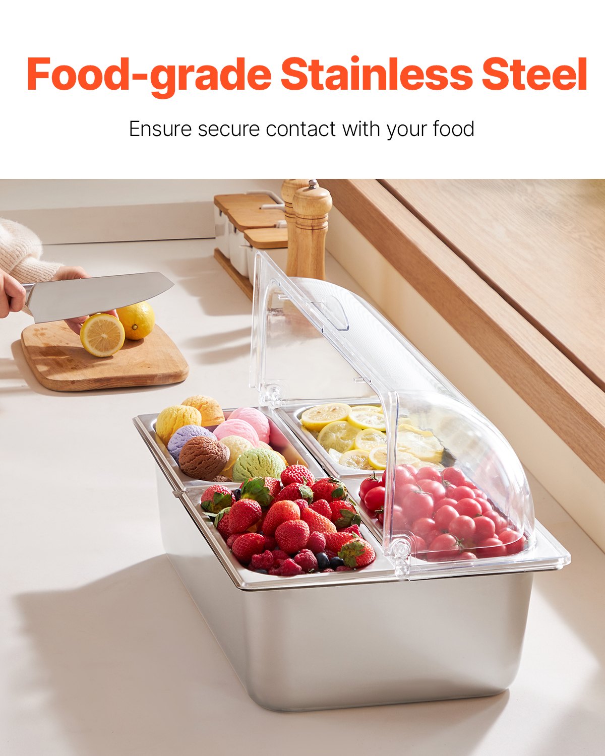 Countertop Food Serving Display Container Pan Condiment Dispenser With Lid - Angle and Detail View
