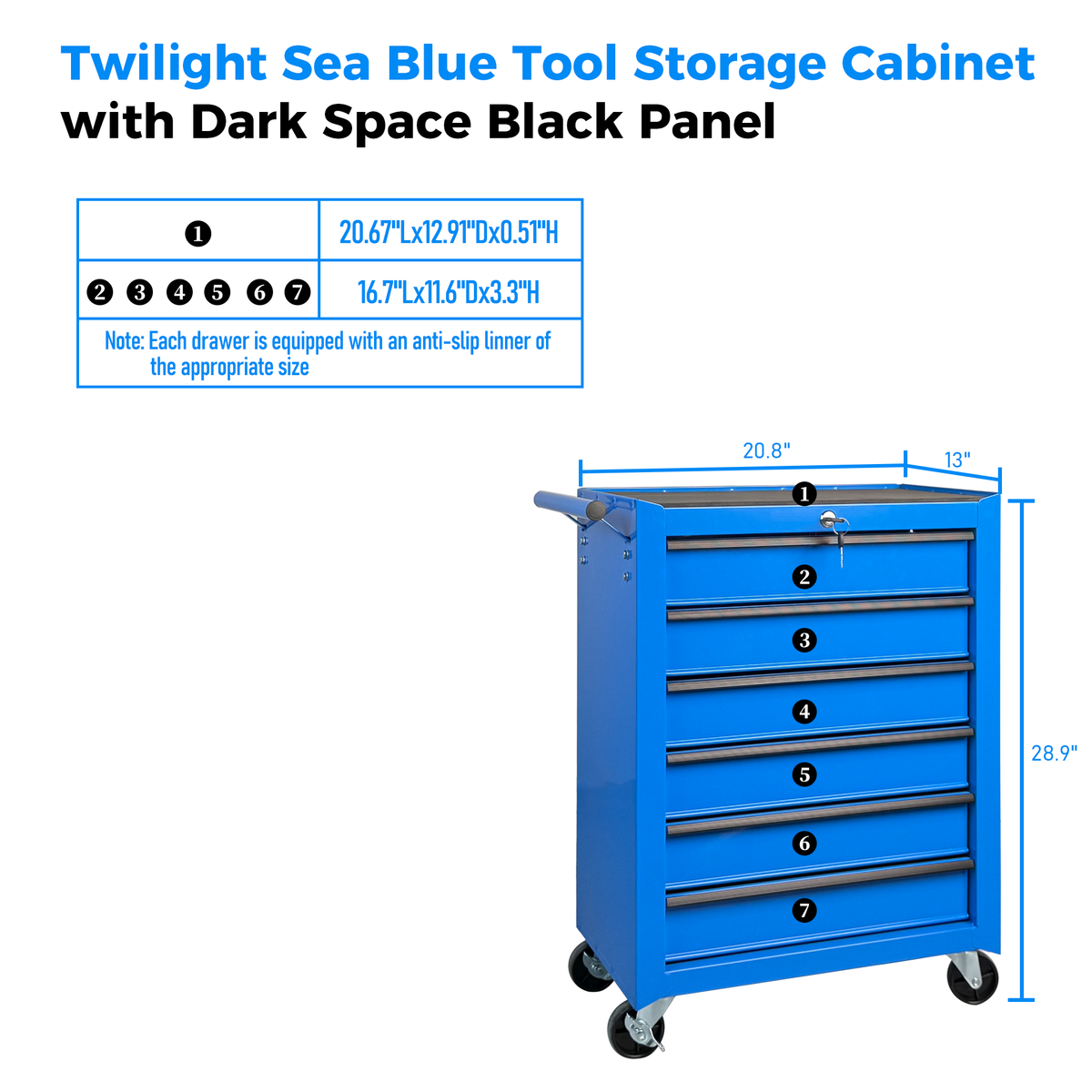 20-Inch Rolling Metal Tool Chest 6 Drawers Blue Steel Workshop Cabinet - Side Angle Perspective