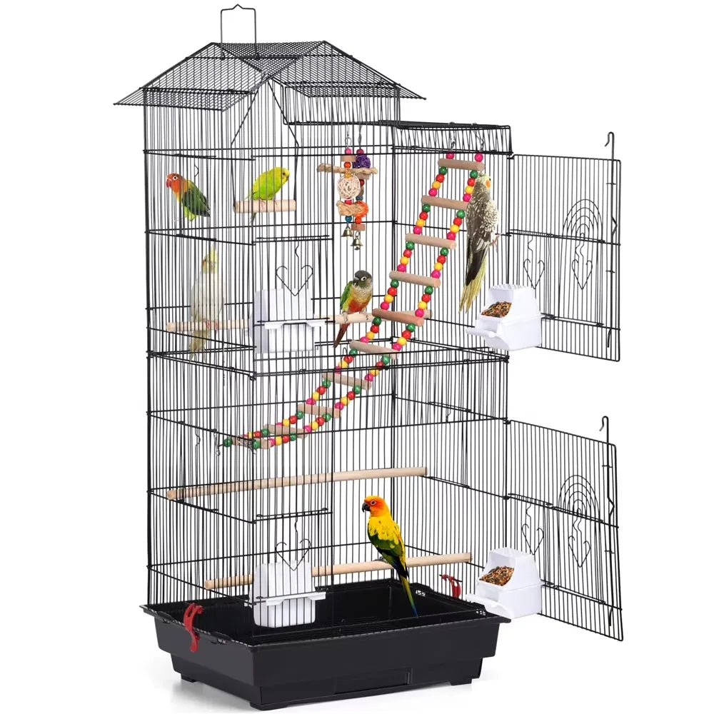 39"H Metal Bird Cage Large Roof Top Huge House for Small Birds Black - Image 3
