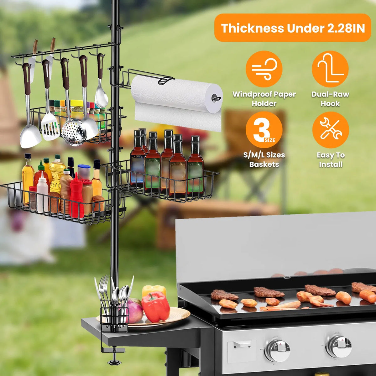 Upgraded BBQ Grill Caddy With Paper Towel Holder Carbon Steel Griddle Storage