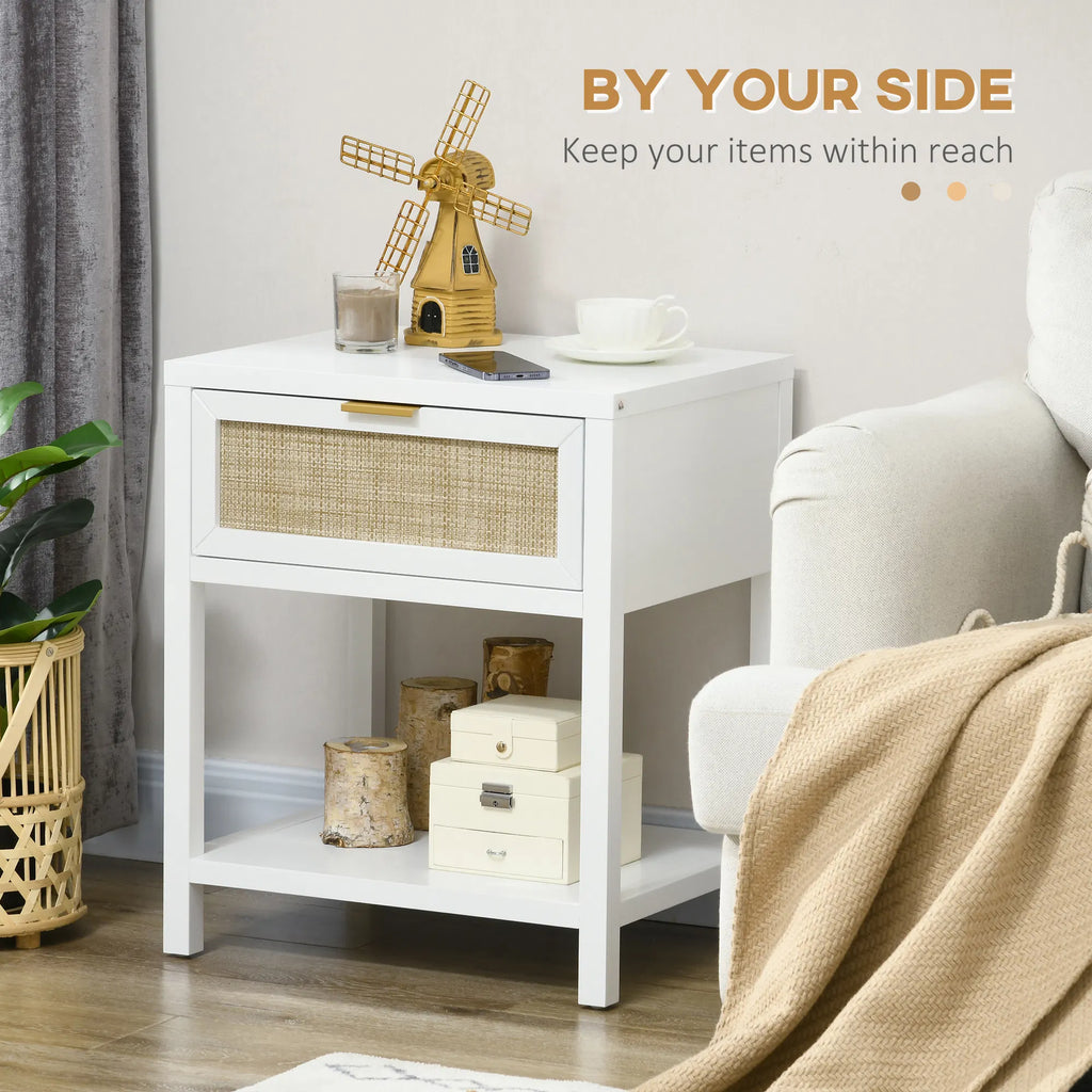 Boho Nightstand Bedside Table with Rattan Drawer and Open Shelf Side End - Image 3