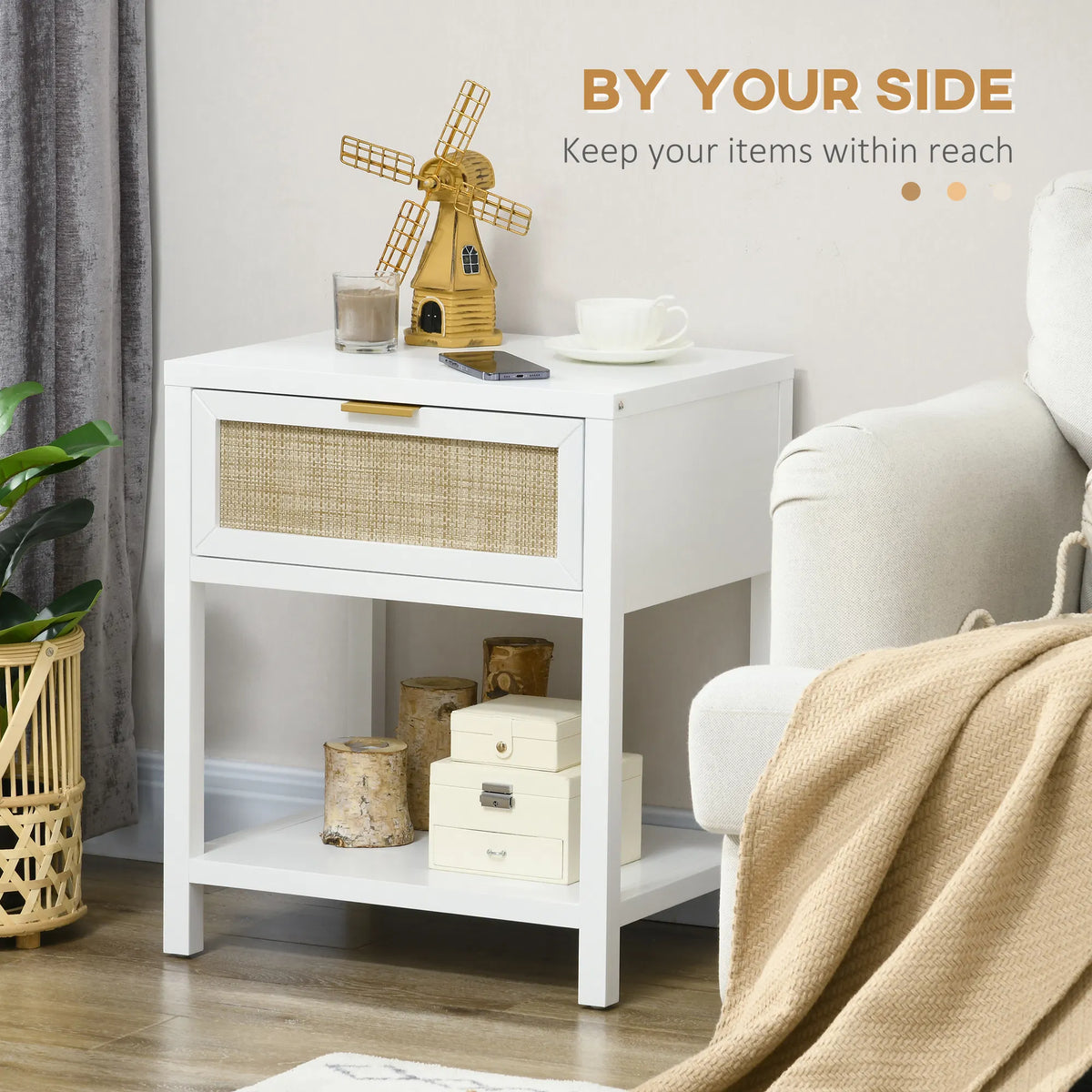 Boho Nightstand Bedside Table with Rattan Drawer and Open Shelf Side End - Image 3