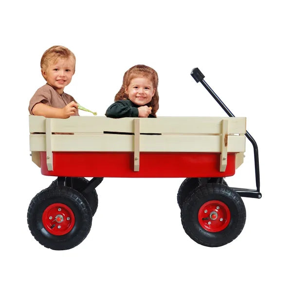 Outdoor Sport Wagon Tools Cart Wooden Side Panels Air Tires Wagon Red - Image 4