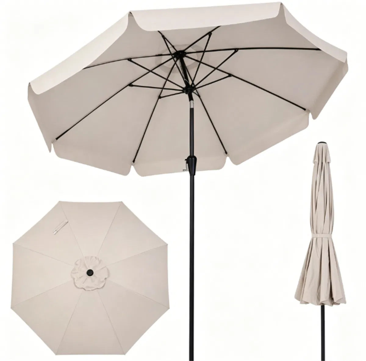 Beige 10ft Scalloped Patio Umbrella with PushButton Tilt Vented Outdoor Market - Image 2