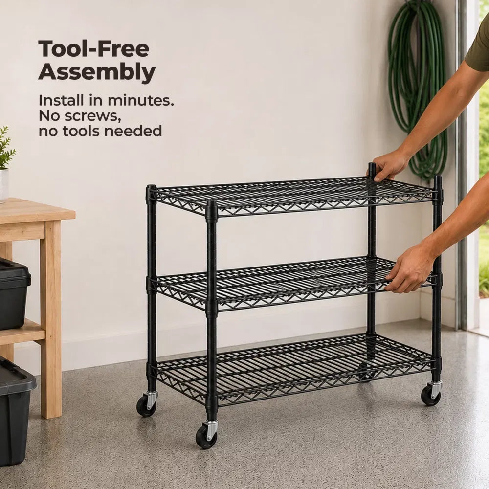 3 Tier Heavy Duty Adjustable Metal Shelf With Wheels No Tool Assembly Suitable - Image 3