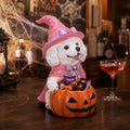 Halloween White Teddy Puppy Figurine Witch Dog Holding Pumpkin Candy Bowl Decoration