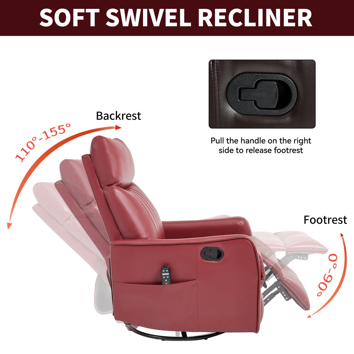 Red Faux Leather Heat Massage Manual Recliner Chair with Rocker and Swivel for - Image 4