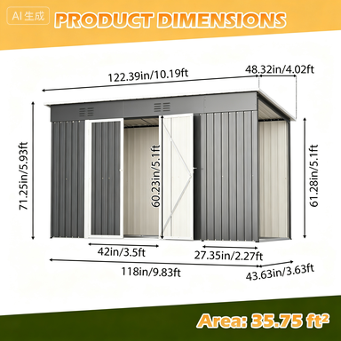 10'x4' Outdoor Metal Storage Shed For Garden Tools Lockable Door With Floor Frame - Image 3