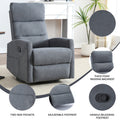 Manual Recliner Chair with Rocker and Swivel in Fabric for Living Room Grey