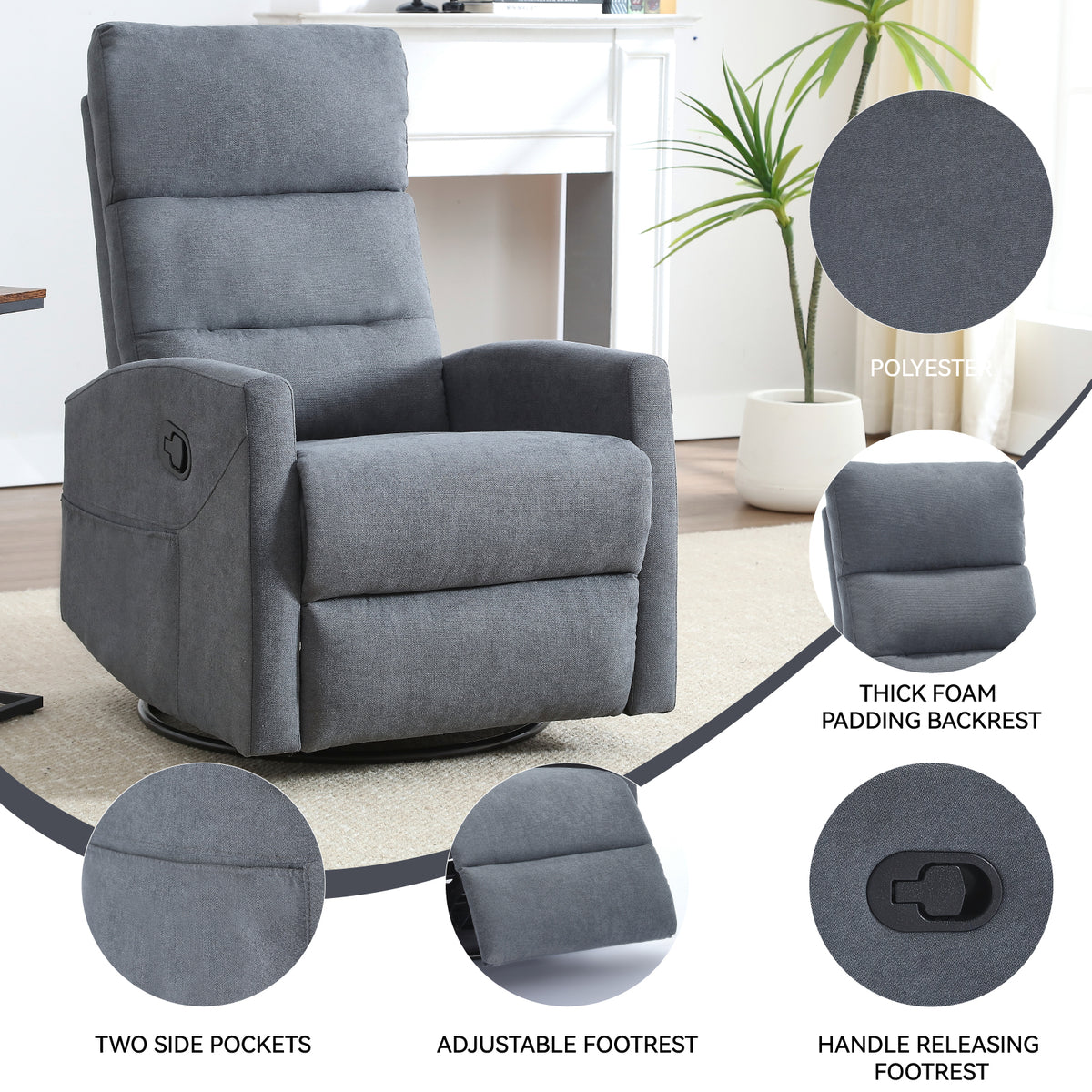 Manual Recliner Chair with Rocker and Swivel in Fabric for Living Room Grey