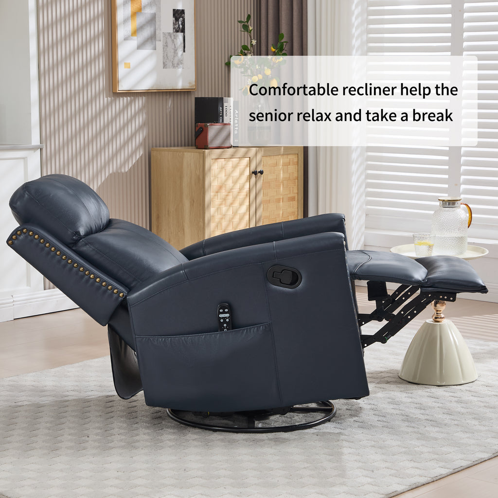 Blue Genuine Leather Heat Massage Manual Recliner Chair with Rocker and Swivel - Image 3