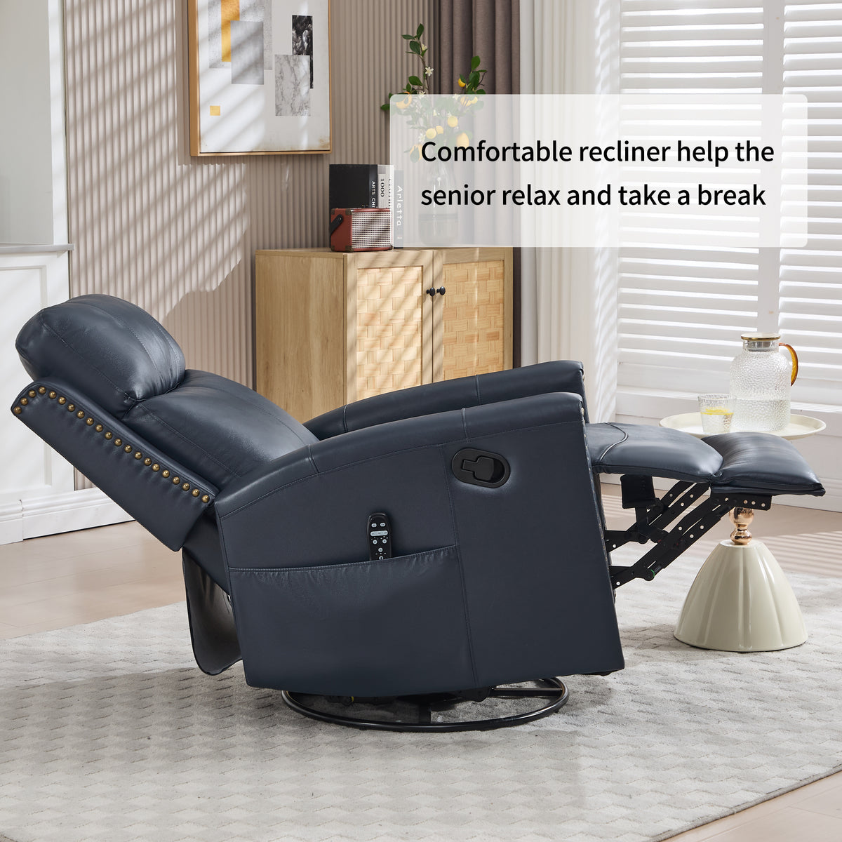 Blue Genuine Leather Heat Massage Manual Recliner Chair with Rocker and Swivel - Image 3