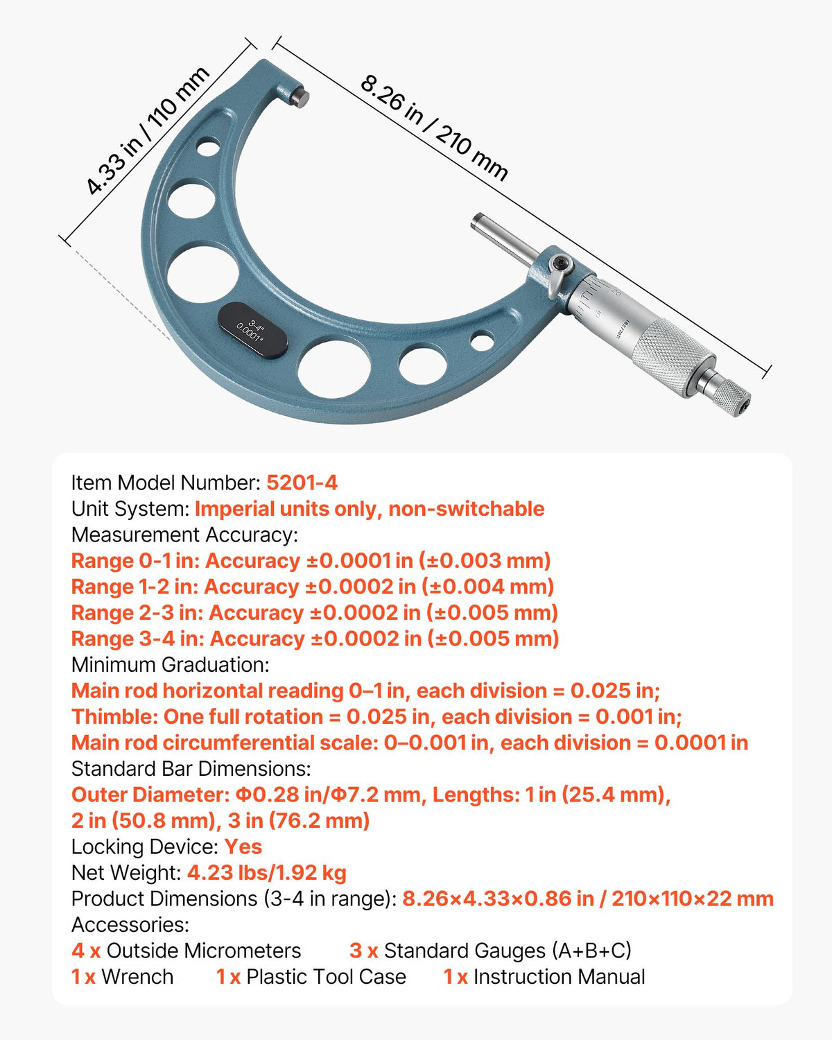 4 PCS Micrometer Set 0 1"/1 2"/2 3"/3 4" Machinist Outside Micrometer