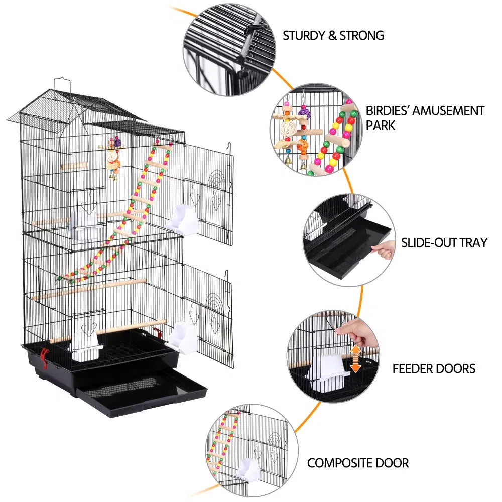 39"H Metal Bird Cage Large Roof Top Huge House for Small Birds Black