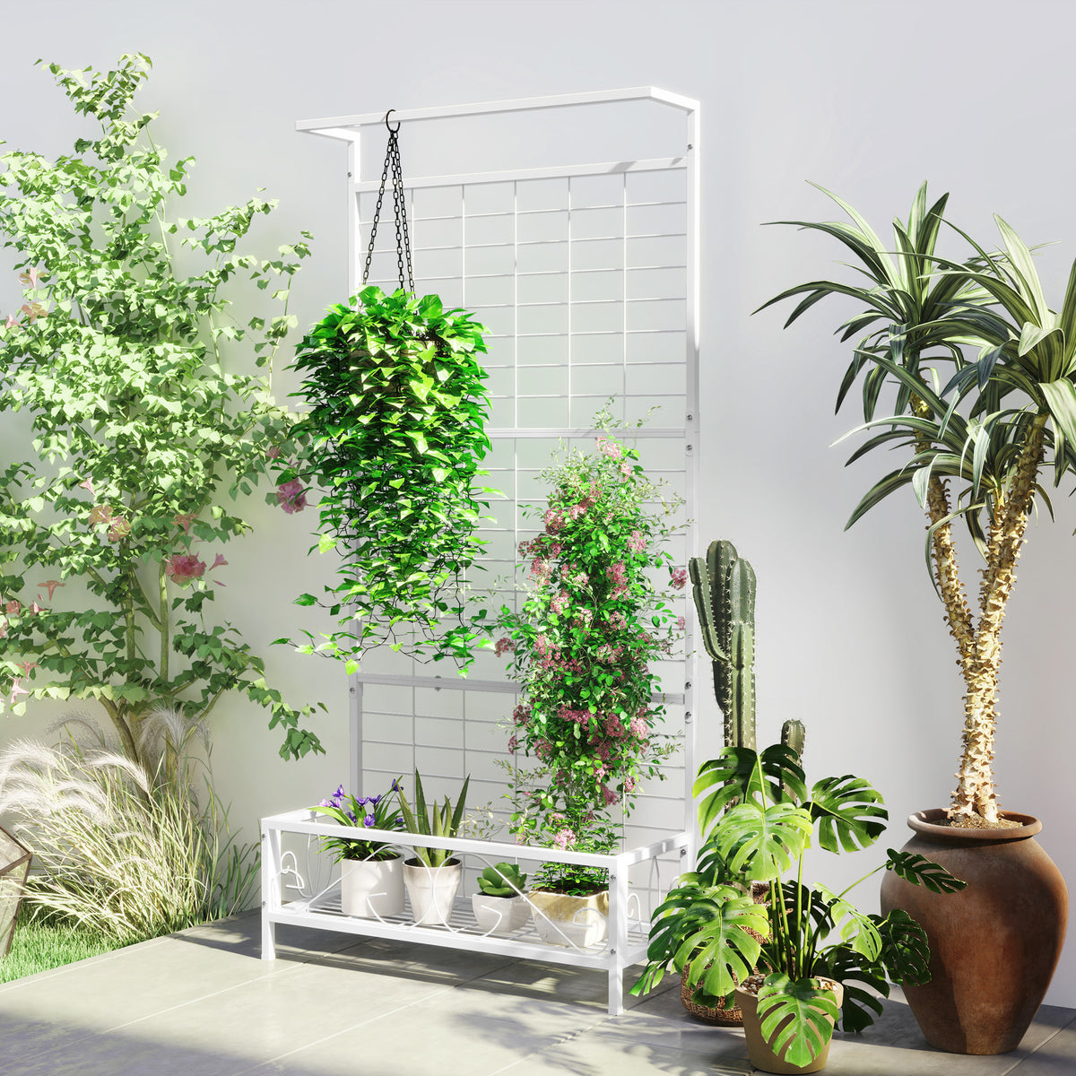 Metal Tall Plant Stand With Trellis And Hanging Bar Holder For Indoor Outdoor - Dimensions and Specifications