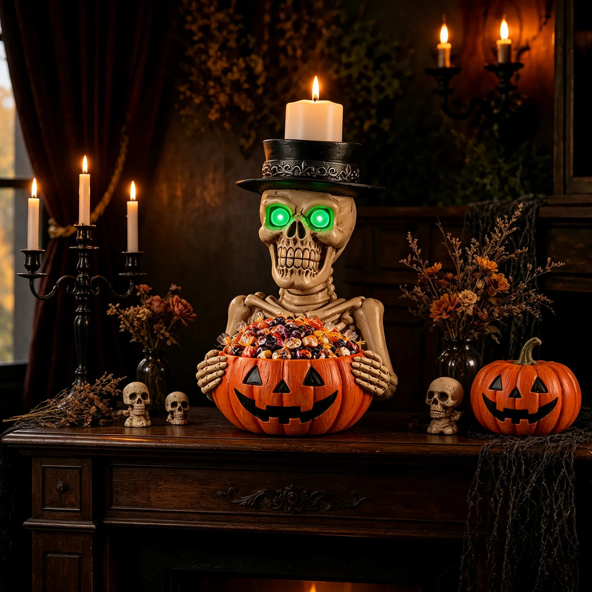 Halloween Resin Skeleton Figurine Candy Dish Glowing Green Eye Design - Image 4