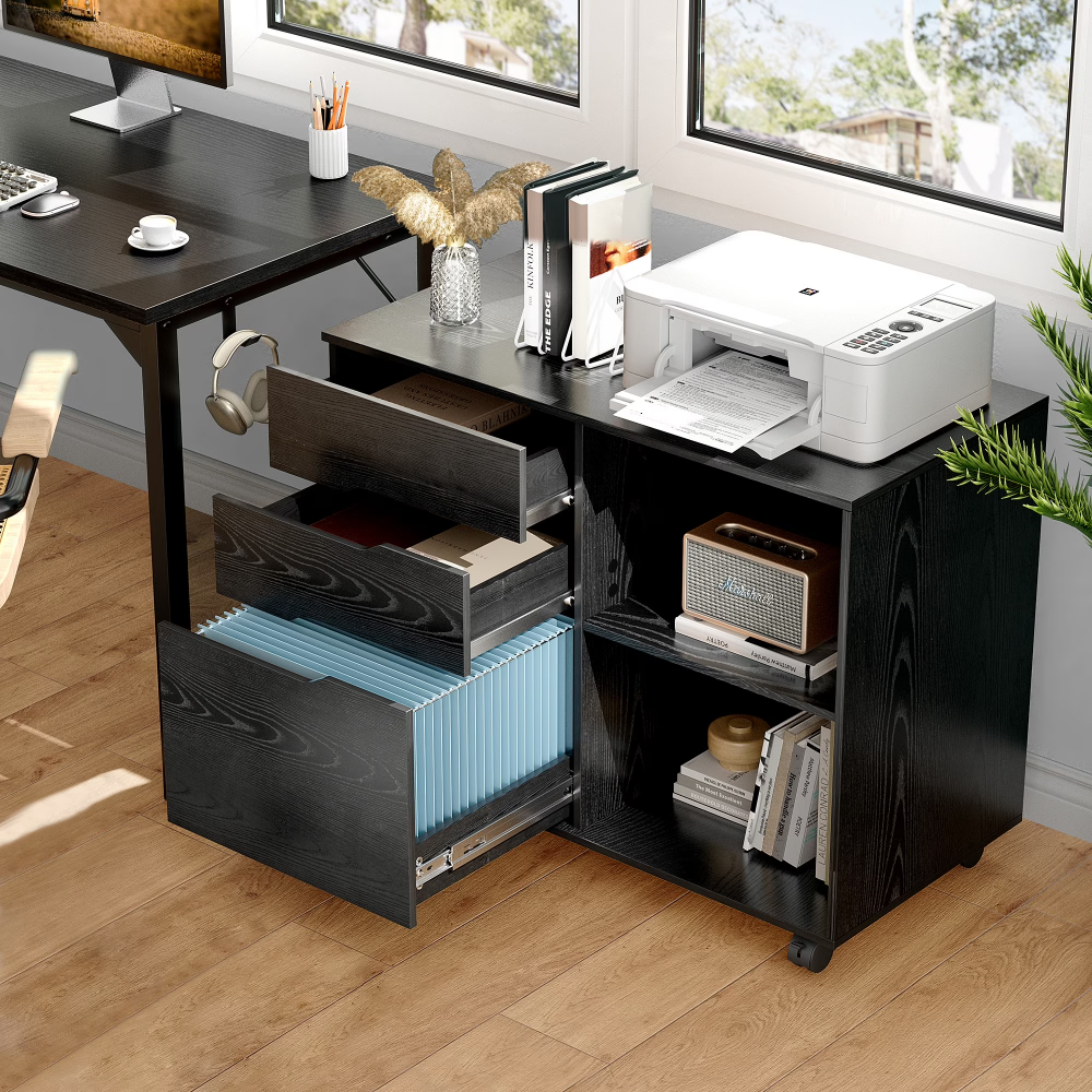 3 Drawer File Cabinet With Wheels Rolling Wood Printer Stand With Open Storage - Image 4