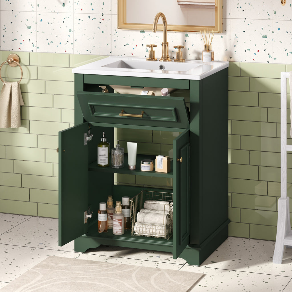 24-Inch Green Bathroom Vanity with Integrated Ceramic Sink