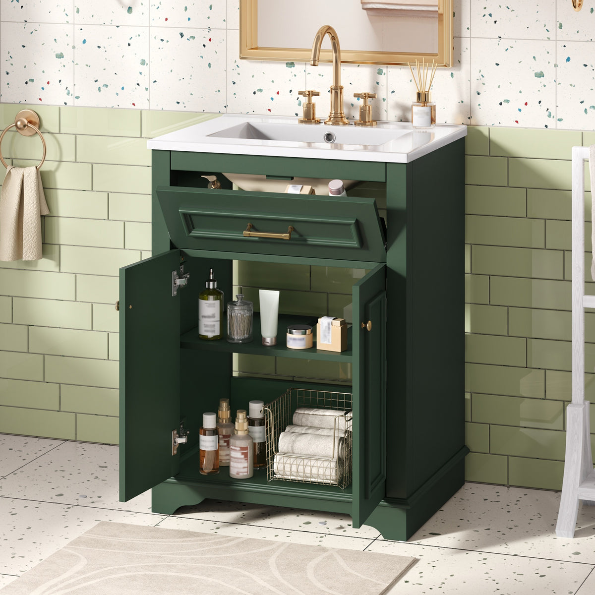 24-Inch Green Bathroom Vanity with Integrated Ceramic Sink