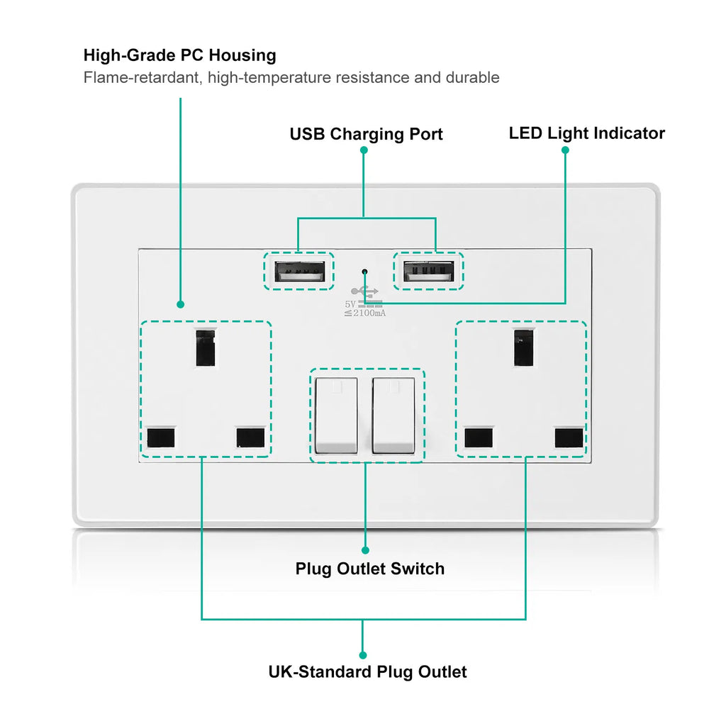 UK Wall Outlet Dual Wall Plug Socket Duplex 2.1A USB Wall Charger with Plug - Image 2