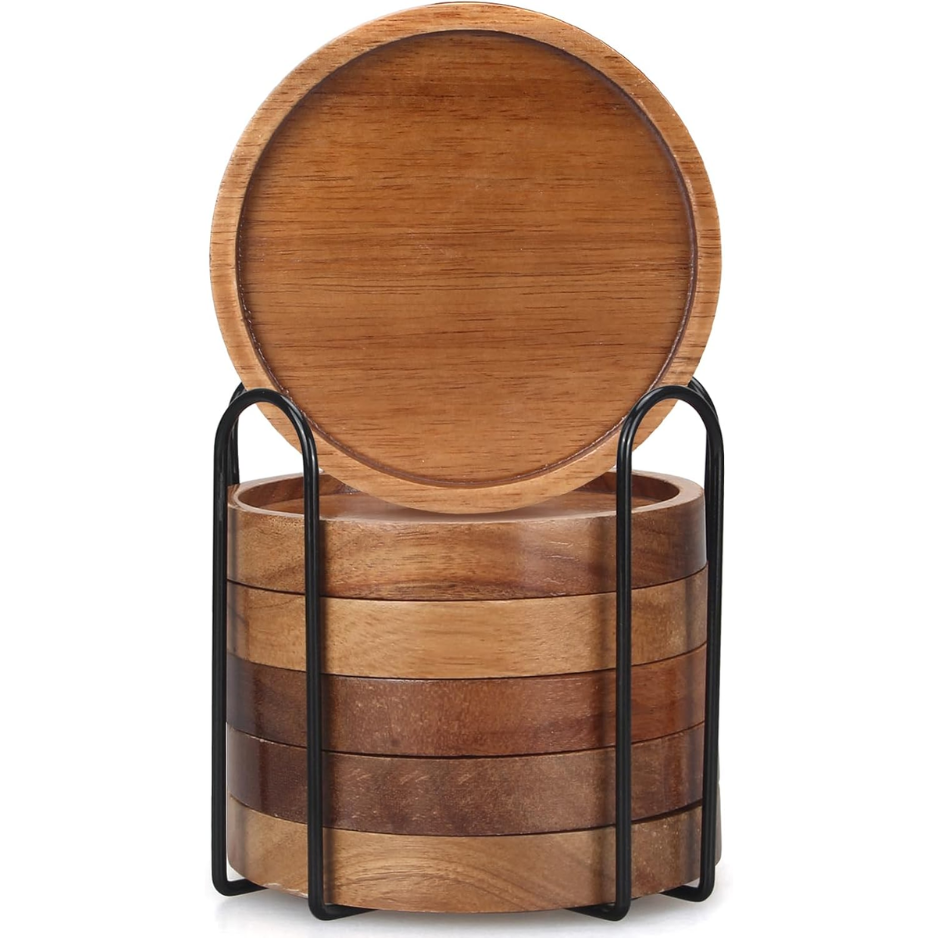 Wooden Coaster Set Of 6 Coffee Table Decor Bar Cup Drink Coasters Holder - Image 5