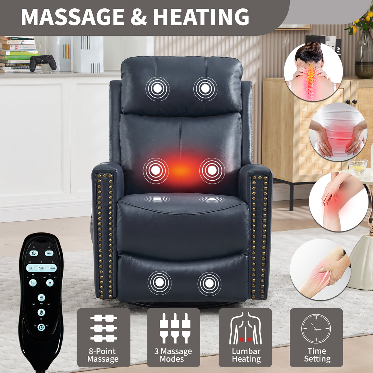 Blue Genuine Leather Heat Massage Manual Recliner Chair with Rocker and Swivel - Image 5