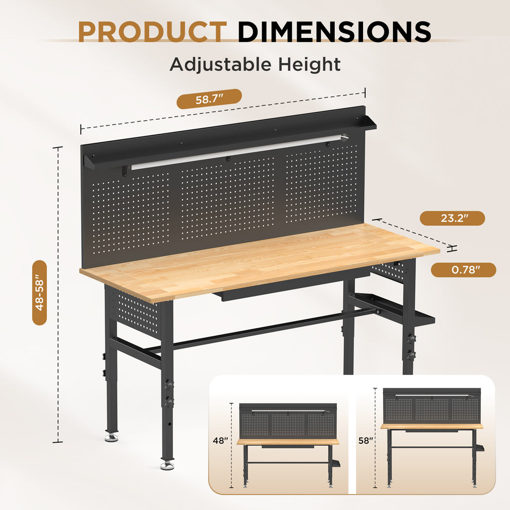 60 Inch Workbench with Drawers Solid Wood Top and Built In Power Strip - In-Use and Feature Display