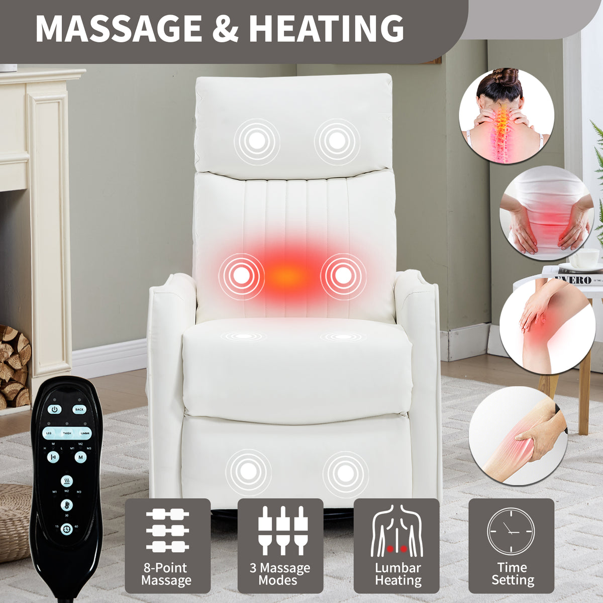 White Heat Massage Manual Recliner Chair with Rocker and Swivel in Faux Leather - Image 2