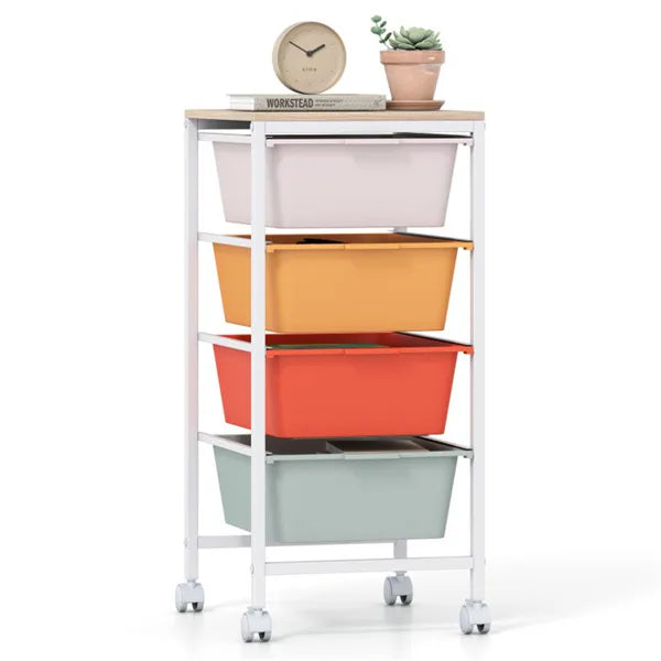 4 Drawer Rolling Storage Cart Mobile Utility Organizer With MDF Wooden Top (Macaron)
