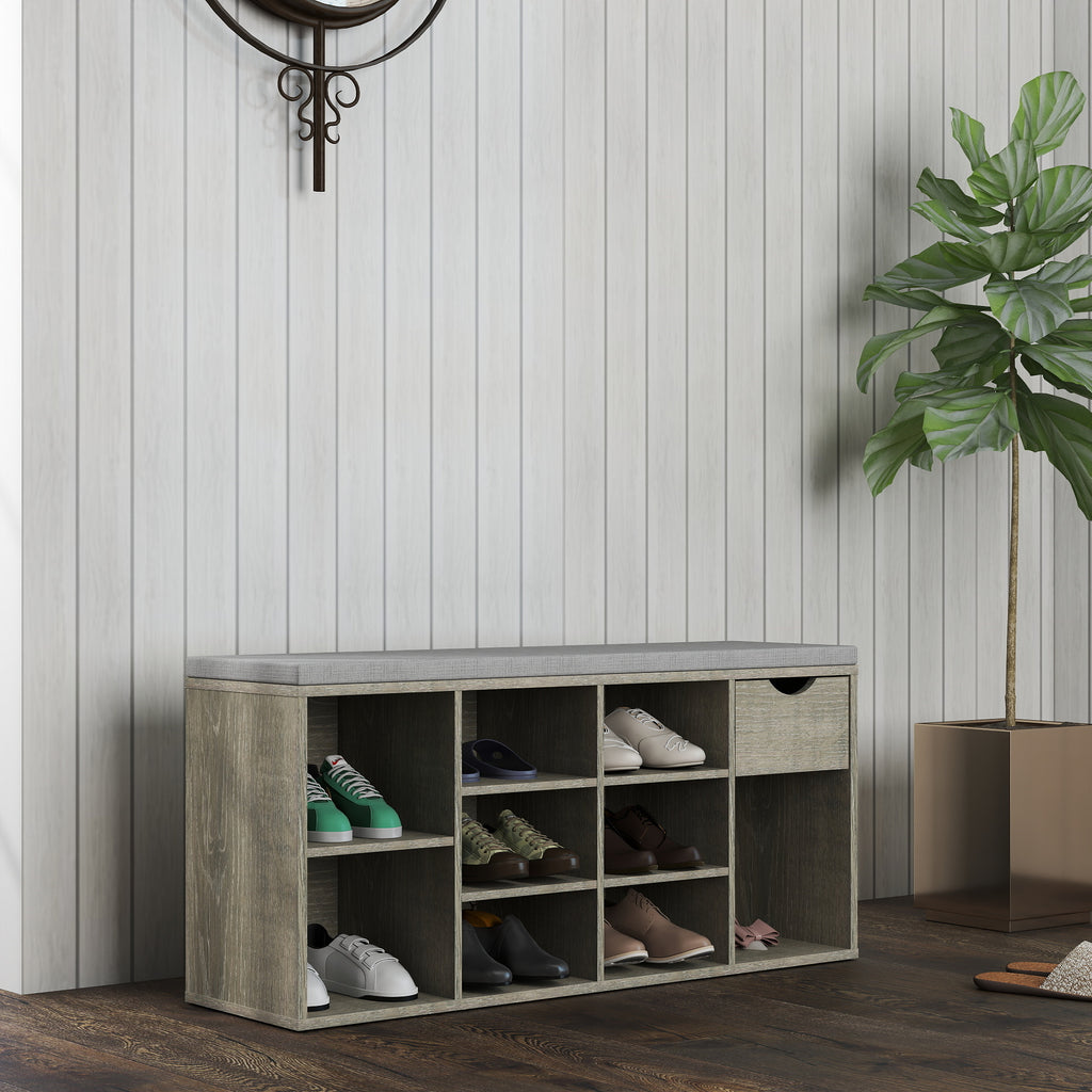 Gray Shoe Storage Bench with Drawer and Cushion