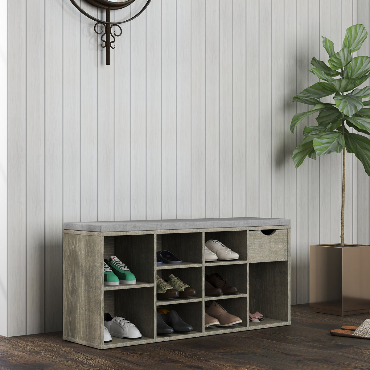 Gray Shoe Storage Bench with Drawer and Cushion