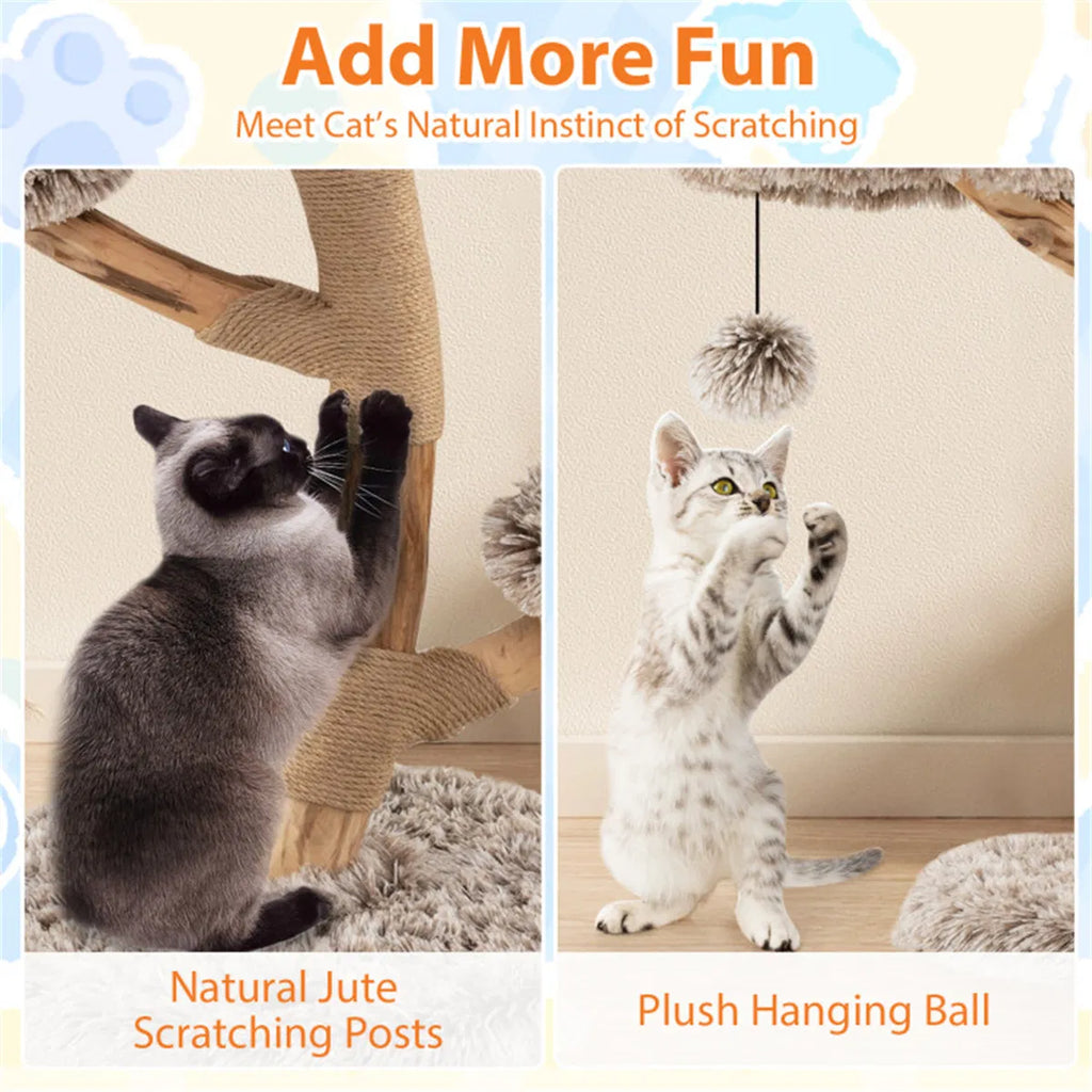 4 Level Natural Pear Wood Cat Tree 19.5"x35.5" Jute Scratch Posts + Plush - Image 3
