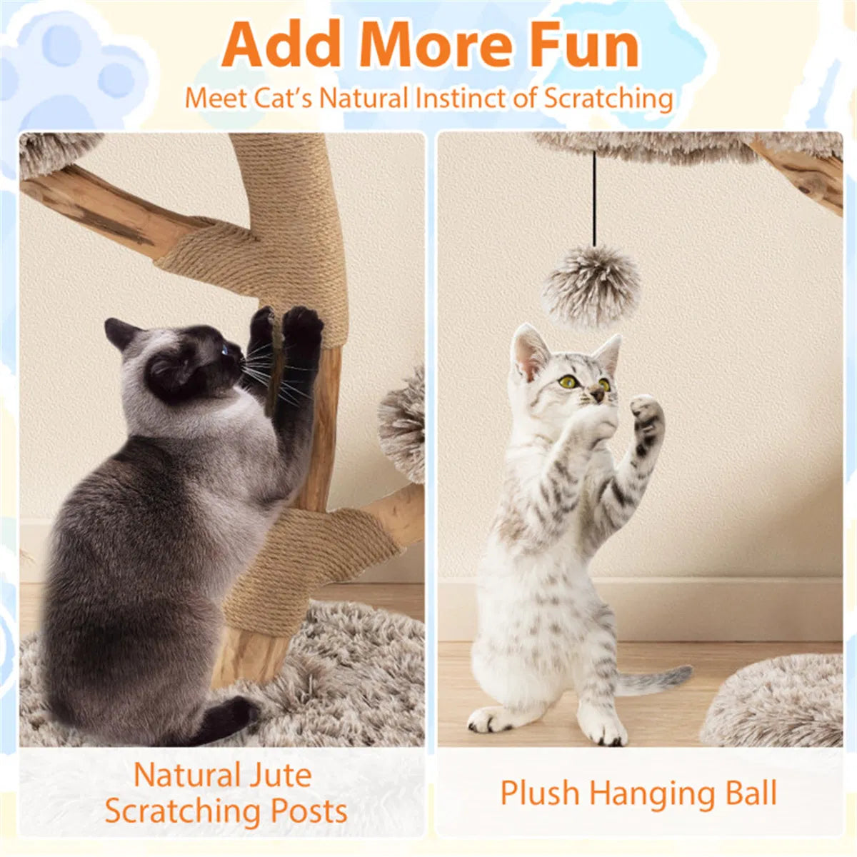 4 Level Natural Pear Wood Cat Tree 19.5"x35.5" Jute Scratch Posts + Plush - Image 3