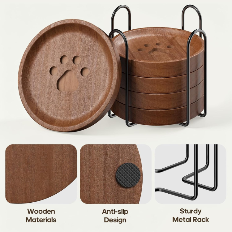 5 Piece Wooden Coaster Set With Holder Cute Drink Coasters For Desk Coffee - Image 4